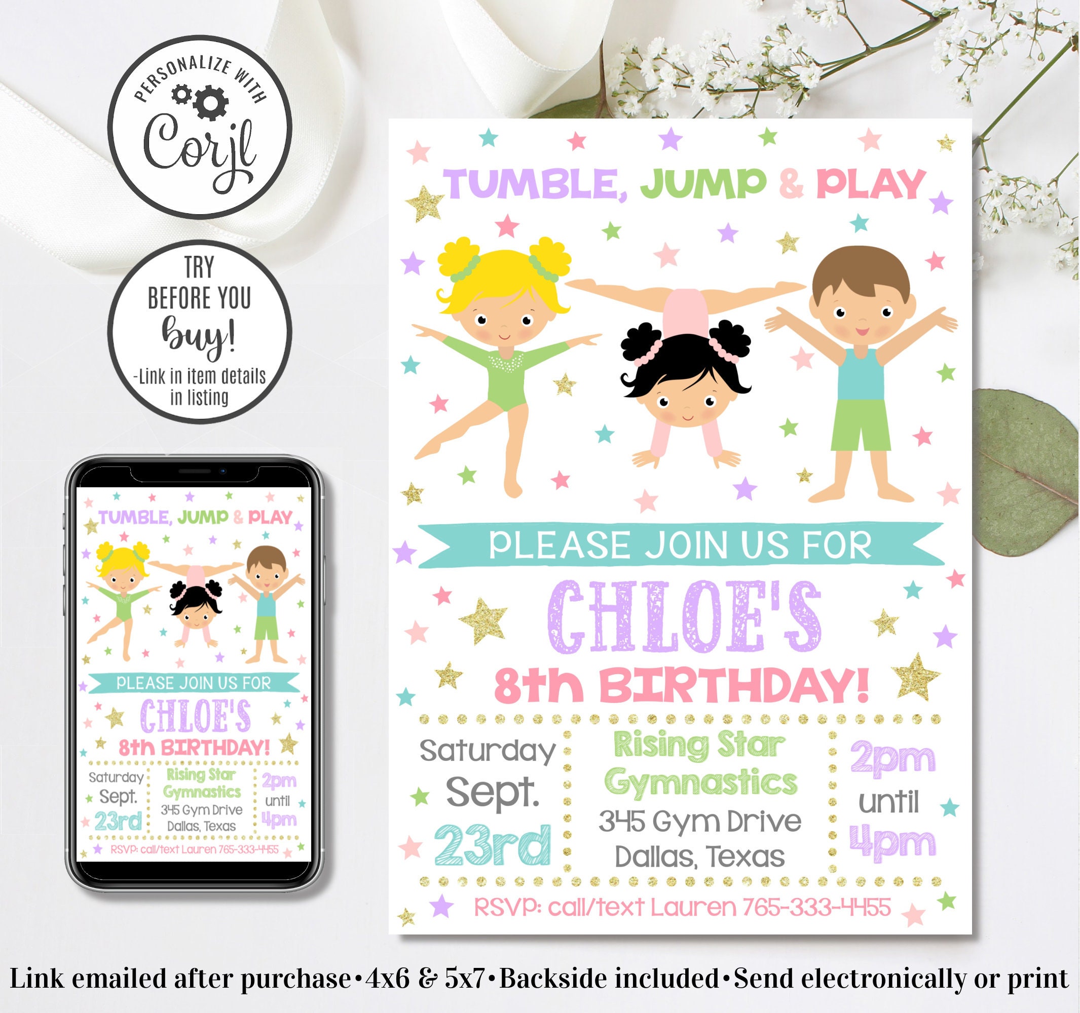 Editable Gymnastics Birthday Invitation, Gymnastics Invitation, Tumble Jump  and Play, 4x6 \u0026 5x7 - Etsy, image size:2131x2000