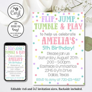 Editable Gymnastics Birthday Invitation, Gymnastics Invitation, Flip Jump Tumble and Play, 4x6 & 5x7