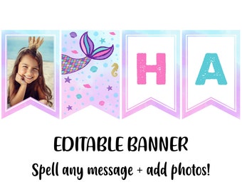 Editable Mermaid Banner, Mermaid Birthday Banner, Mermaid Birthday Decor, Template