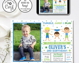 Editable Boy Gymnastics Invitation, Gymnastics Birthday Invitation, Tumble Jump and Play, 4x6 & 5x7