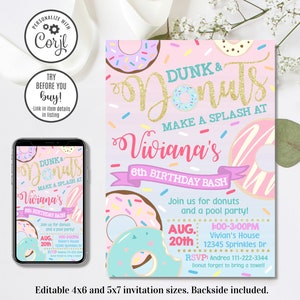 Editable Donut Invitation, Dunk and Donuts Invitation, 4x6 & 5x7