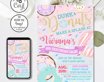 Editable Donut Invitation, Dunk and Donuts Invitation, 4x6 & 5x7