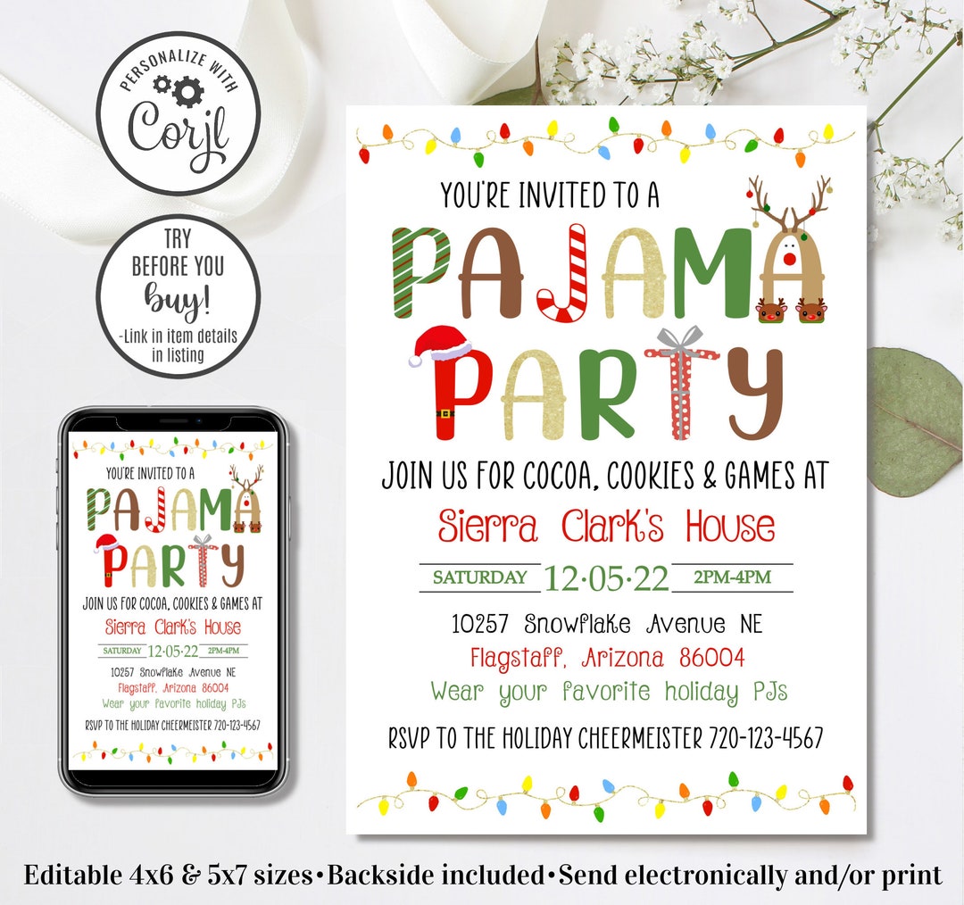 Editable Christmas Pajama Party Invitation, Christmas Birthday ...