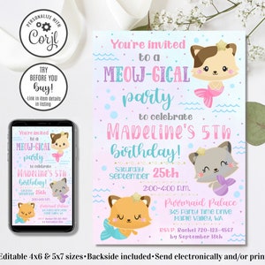 Editable Purrmaid Invitation, Mermaid Kitten Invitation, Mercat Invitation, 4x6 & 5x7