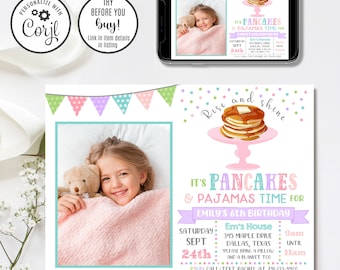 May include: A pink and blue birthday invitation with a photo of a girl in pajamas holding a teddy bear. The invitation says "It's Pancakes & Pajamas Time for Emily's 6th Birthday" and includes details about the party, including the date, time, and location.