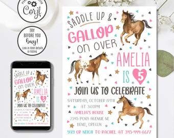 Horse Birthday Invitation Template, Editable Western Pony Invite (Instant Download)