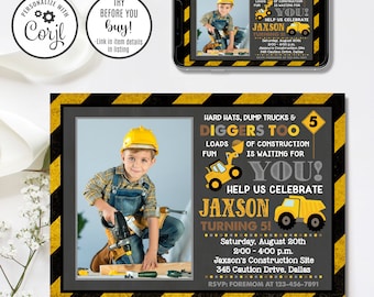 Editable Construction Invitation, Construction Birthday Invitation, Boy Invitation, 4x6 & 5x7