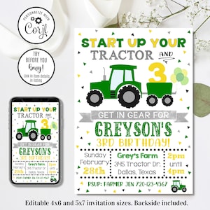May include: Green and yellow tractor birthday invitation with a green tractor pulling a wagon. The invitation says "Start Up Your Tractor and 3" and "Get in Gear for Greyson's 3rd Birthday!" with details for the party on the bottom.
