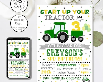 Tractor Birthday Invitation Template, Editable Invite
