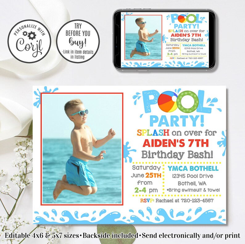 Editable Pool Party Pool Party Birthday 4x6 &amp; 5x7 - Etsy