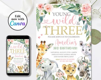 Young Wild and Three Safari Birthday Invitation, 3rd Birthday Invite, Editable Template