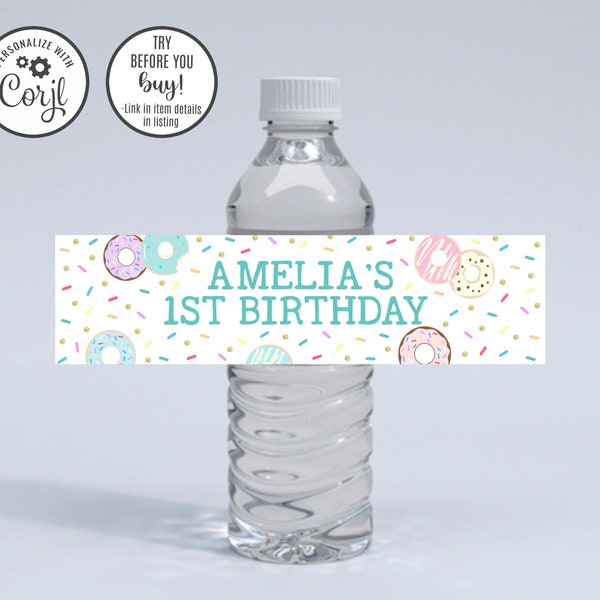 Editable Donut Water Bottle Label, Donut Birthday Water Bottle, Two Sweet Water Bottle Label, Sweet One Water Bottle Label