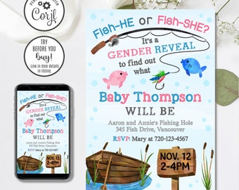 Editable Fishing Gender Reveal Invitation, Fish-he or Fi-she