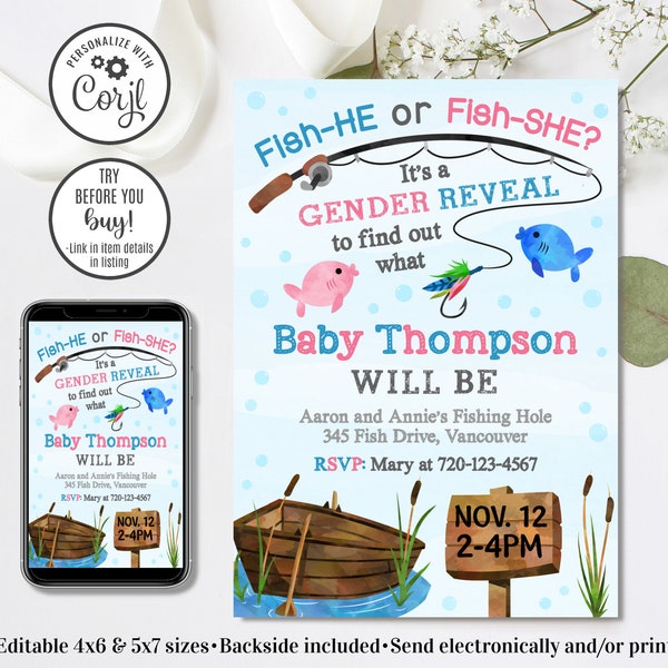 Editable Fishing Gender Reveal Invitation, Fish-HE or Fi-SHE, Gender Reveal Invitation, Fish Gender Reveal, 4x6 & 5x7