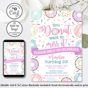 Editable Donut Birthday Invitation, Donut Invitation, Donut Miss It Invitation, 4x6 & 5x7