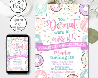 Donut Birthday Invitation Template, Editable Girl Sprinkle Party Invite