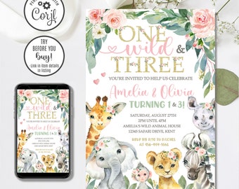 Puede incluir: Invitación a una fiesta de cumpleaños conjunta para dos niñas, Amelia y Olivia, que cumplen uno y tres años. La invitación tiene un tema de selva con una jirafa, un elefante, un león, una cebra y un mono. El texto dice "One Wild & Three" en purpurina dorada con corazones rosas. La fiesta es el sábado 27 de agosto de 2:00 pm a 4:00 pm en la casa de animales salvajes de Amelia. Confirma tu asistencia antes del 20 de agosto a Pachel al 456-444-5566.