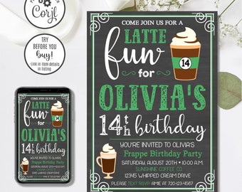 Bearbeitbare Kaffee-Geburtstags-Einladung, Kaffee-Einladung, Latte Fun, Frappe-Geburtstag, 4x6 & 5x7
