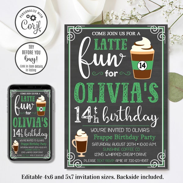 Editable Coffee Birthday Invitation, Coffee Invitation, Latte Fun, Frappe Birthday, 4x6 & 5x7