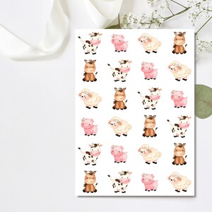 May include: A sheet of stickers featuring various farm animals, including cows, pigs, horses, and sheep. Each animal is illustrated in a cartoon style with floral accents. The stickers are perfect for adding a touch of whimsy to crafts, gifts, or home decor.