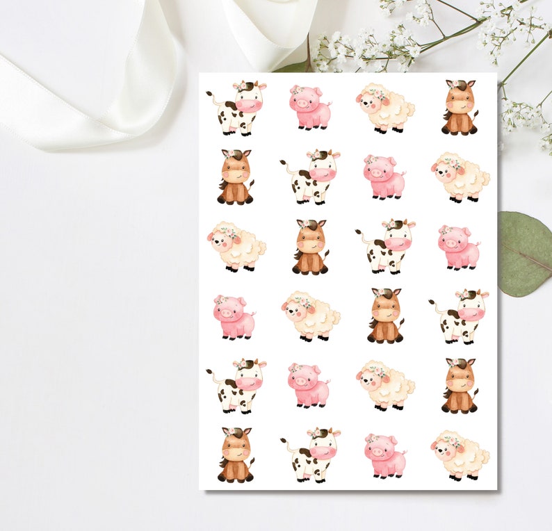 May include: A sheet of stickers featuring various farm animals, including cows, pigs, horses, and sheep. Each animal is illustrated in a cartoon style with floral accents. The stickers are perfect for adding a touch of whimsy to crafts, gifts, or home decor.