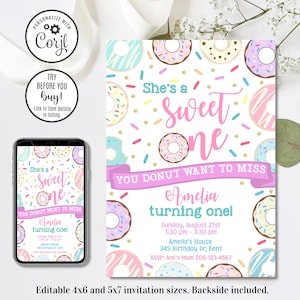 Editable Donut Invitation, Sweet One Invitation, Donut 1st Birthday, 1st Birthday Invitation, 4x6 & 5x7