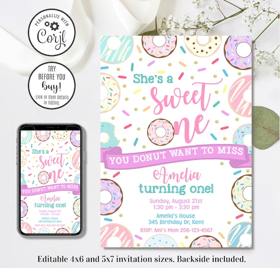 Editable Donut Invitation, Sweet One Invitation, Donut 1st Birthday, 1st Birthday Invitation, 4x6 & 5x7