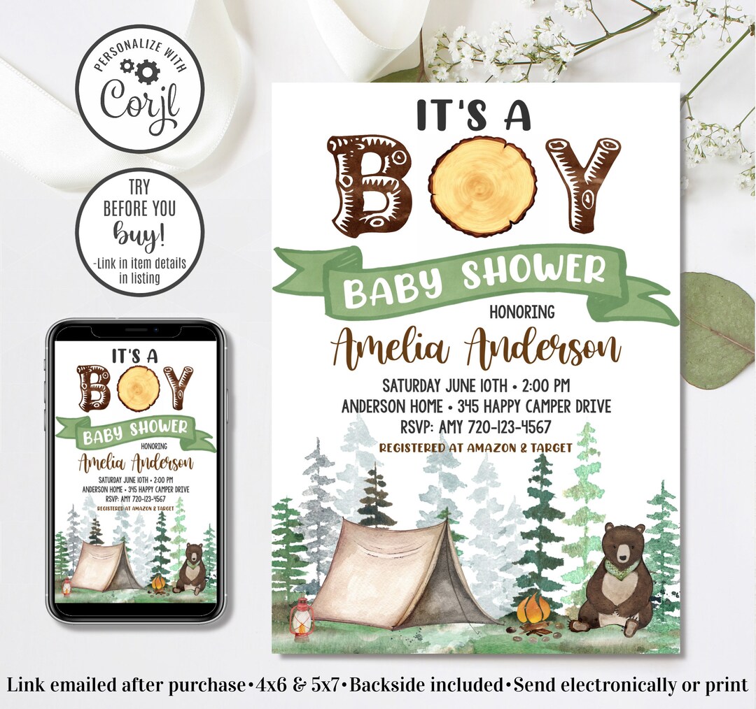 Editable Camping Baby Shower Invitation, Boy Baby Shower Invitation