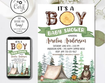 Editable Camping Baby Shower Invitation, Boy Baby Shower Invitation, Adventure Baby Shower, Bear Baby Shower Invitation, 4x6 & 5x7