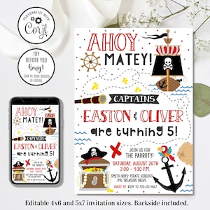 Editable Pirate Brothers invitation, Twin Boys Birthday Invitation, Double Birthday Invitation, Sibling Birthday, 4x6 & 5x7