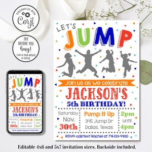 Editable Jump Invitation, Trampoline Birthday Invitation, Bounce Invitation, 4x6 & 5x7