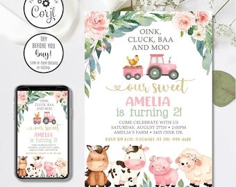 Editable Floral Farm Invitation, Girl Farm Birthday Invitation, 4x6 & 5x7