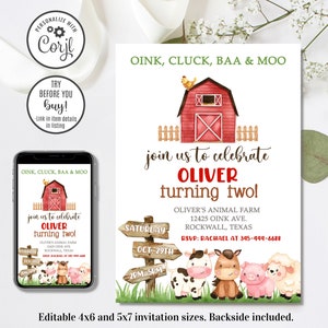 Editable Farm Birthday Invitation, Farmer Invitation, Oink Cluck Baa Moo, 4x6 & 5x7