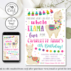Editable Llama Birthday Invitation, Llama Invitation, A Whole Llama Fun, 4x6 & 5x7