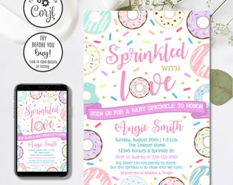 Convite editável Donut Baby Sprinkle, convite para chá de bebê Donut, 4x6 e 5x7