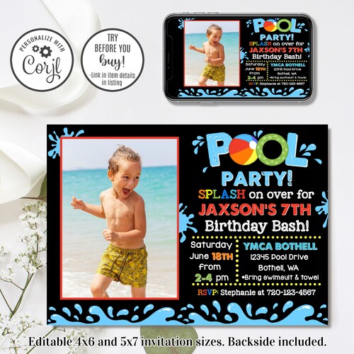 Editable Pool Party Pool Party Birthday 4x6 &amp; 5x7 - Etsy