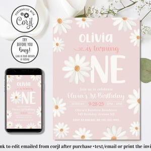 Editable Daisy Birthday Invitation, Flower Birthday Invitation, Daisy 1st Birthday Invite, First Birthday, Daisy Flower Invite, 4x6 & 5x7