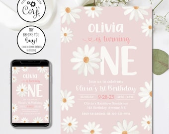 Daisy 1st Birthday Invitation Template, Editable Floral Girl Invite (Instant Download)