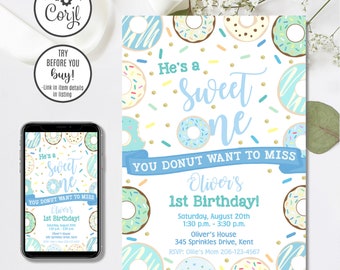 Editable Donut Birthday Invitation, Sweet One Invitation, Donut 1st Birthday, Boy 1st Birthday, 4x6 & 5x7