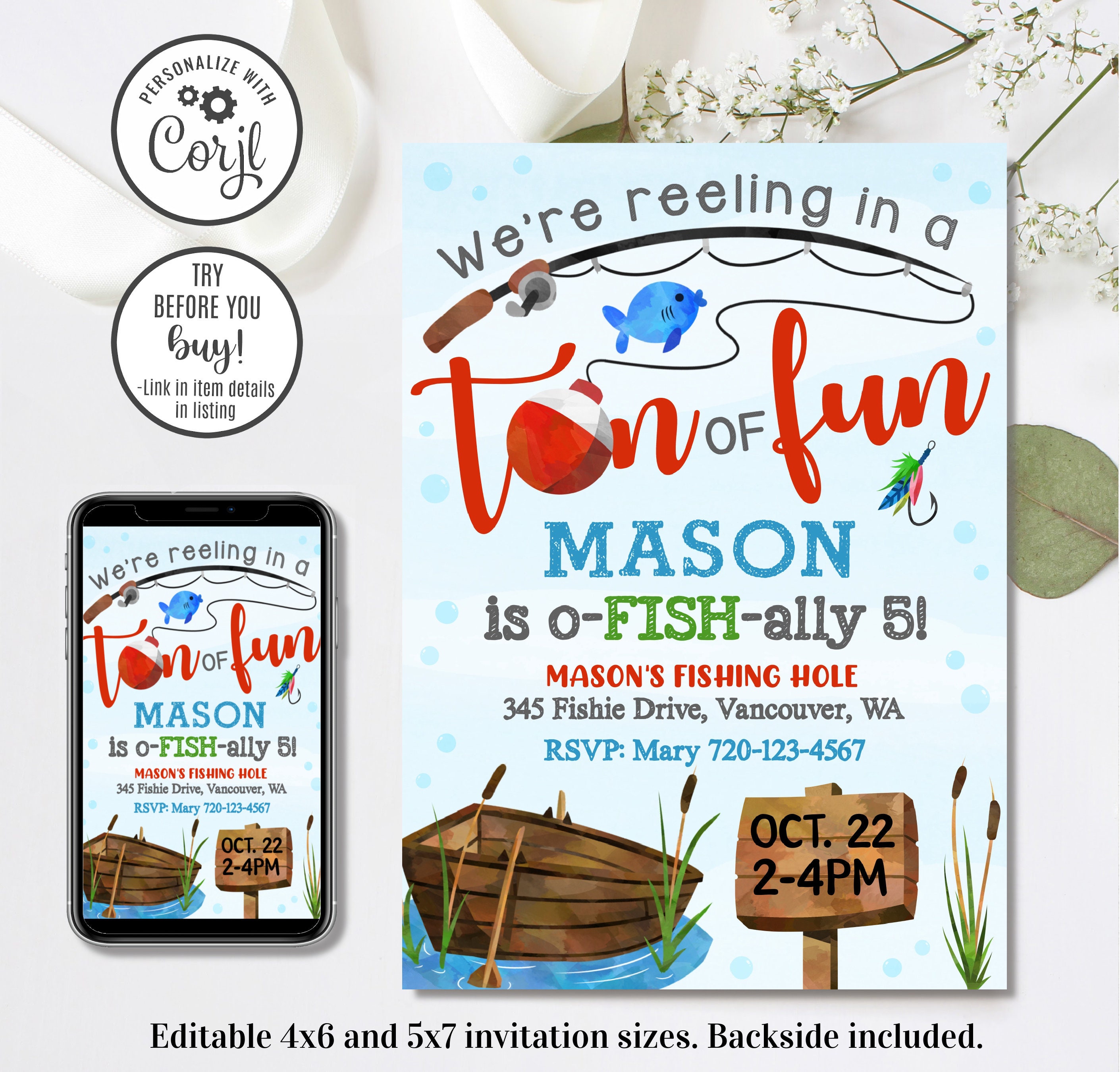 Editable Fishing Invitation Fishing Birthday invitation Reel in the Fun 4x6 5x7