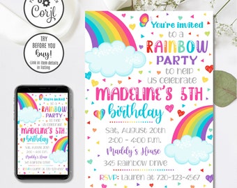 Editable Rainbow Invitation, Bright Rainbow Birthday Invitation, Rainbow Party Invitation, 4x6 & 5x7