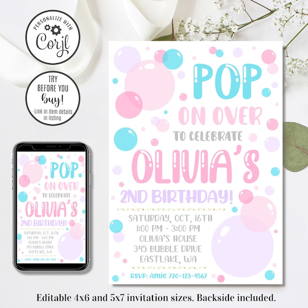 Editable Bubble Invitation, Bubble Birthday Invitation, Pop on Over, 4x6 & 5x7