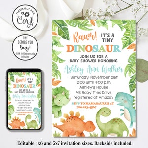 Editable Dinosaur Baby Shower Invitation, Dino Baby Shower Invitation, 4x6 & 5x7
