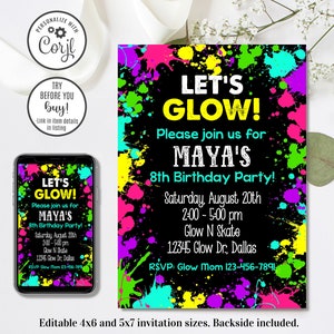 Editable Glow Invitation, Glow Birthday Invitation, Neon Invitation, Let&#39;s Glow Crazy, 4x6 & 5x7