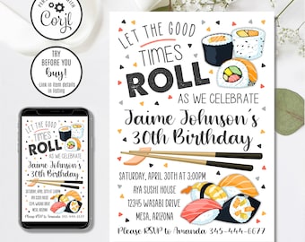 Sushi Birthday Invitation Template, Editable Invite (Instant Download)