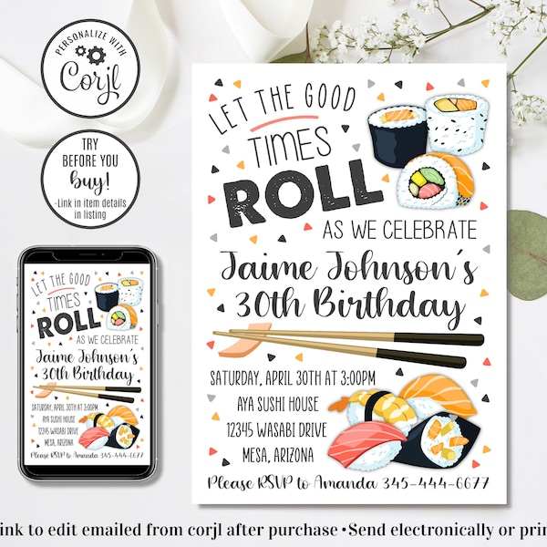 Editable Sushi Invitation, Sushi Birthday Invitation, Adult Invitation, 4x6 & 5x7