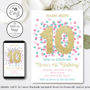 Editable 10th Birthday Invitation, Double Digits Invitation, 10th Birthday, 4x6 & 5x7