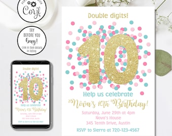 Editable 10th Birthday Invitation, Double Digits Invitation, 10th Birthday, 4x6 & 5x7