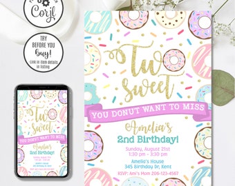 Editable Donut Invitation, Two Sweet Invitation, Donut 2nd Birthday, 4x6 & 5x7
