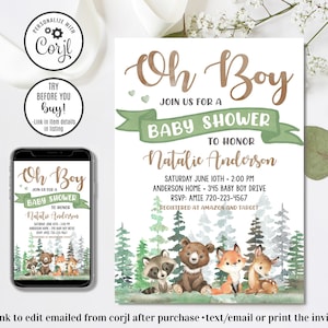 Editable Woodland Animals Baby Shower Invitation, Oh Boy Baby Shower Invitation, Woodland Baby Shower Invitation, 4x6 & 5x7